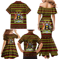 Uganda Christmas Family Matching Mermaid Dress and Hawaiian Shirt with Flamingo Lights Uganda Flag and Black Red Yellow Tribal Pattern Design - Wonder Print Shop