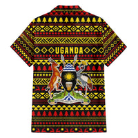 Uganda Christmas Family Matching Off The Shoulder Long Sleeve Dress and Hawaiian Shirt with Flamingo Lights Uganda Flag and Black Red Yellow Tribal Pattern Design - Wonder Print Shop