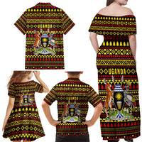 Uganda Christmas Family Matching Off Shoulder Maxi Dress and Hawaiian Shirt with Flamingo Lights Uganda Flag and Black Red Yellow Tribal Pattern Design - Wonder Print Shop