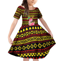 Uganda Christmas Family Matching Off Shoulder Short Dress and Hawaiian Shirt with Flamingo Lights Uganda Flag and Black Red Yellow Tribal Pattern Design - Wonder Print Shop