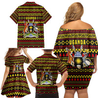 Uganda Christmas Family Matching Off Shoulder Short Dress and Hawaiian Shirt with Flamingo Lights Uganda Flag and Black Red Yellow Tribal Pattern Design - Wonder Print Shop