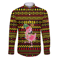 Uganda Christmas Family Matching Puletasi and Hawaiian Shirt with Flamingo Lights Uganda Flag and Black Red Yellow Tribal Pattern Design - Wonder Print Shop
