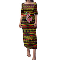 Uganda Christmas Family Matching Puletasi and Hawaiian Shirt with Flamingo Lights Uganda Flag and Black Red Yellow Tribal Pattern Design - Wonder Print Shop