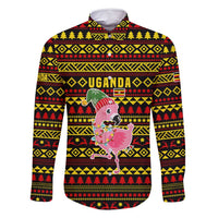 Uganda Christmas Family Matching Summer Maxi Dress and Hawaiian Shirt with Flamingo Lights Uganda Flag and Black Red Yellow Tribal Pattern Design - Wonder Print Shop
