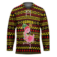 Uganda Christmas Hockey Jersey with Flamingo Lights Uganda Flag and Black Red Yellow Tribal Pattern Design - Wonder Print Shop
