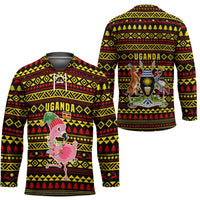 Uganda Christmas Hockey Jersey with Flamingo Lights Uganda Flag and Black Red Yellow Tribal Pattern Design - Wonder Print Shop