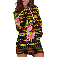 Uganda Christmas Hoodie Dress with Flamingo Lights Uganda Flag and Black Red Yellow Tribal Pattern Design - Wonder Print Shop