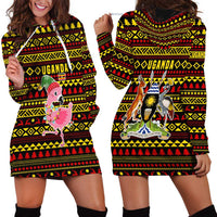 Uganda Christmas Hoodie Dress with Flamingo Lights Uganda Flag and Black Red Yellow Tribal Pattern Design - Wonder Print Shop