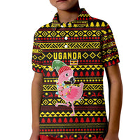 Uganda Christmas Kid Polo Shirt with Flamingo Lights Uganda Flag and Black Red Yellow Tribal Pattern Design - Wonder Print Shop