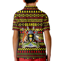 Uganda Christmas Kid Polo Shirt with Flamingo Lights Uganda Flag and Black Red Yellow Tribal Pattern Design - Wonder Print Shop