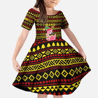 Uganda Christmas Kid Short Sleeve Dress with Flamingo Lights Uganda Flag and Black Red Yellow Tribal Pattern Design - Wonder Print Shop