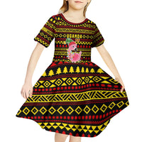Uganda Christmas Kid Short Sleeve Dress with Flamingo Lights Uganda Flag and Black Red Yellow Tribal Pattern Design - Wonder Print Shop
