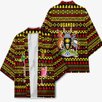 Uganda Christmas Kimono with Flamingo Lights Uganda Flag and Black Red Yellow Tribal Pattern Design - Wonder Print Shop