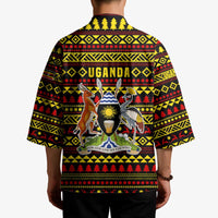 Uganda Christmas Kimono with Flamingo Lights Uganda Flag and Black Red Yellow Tribal Pattern Design - Wonder Print Shop