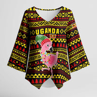 Uganda Christmas Kimono Sleeve Blouse with Flamingo Lights Uganda Flag and Black Red Yellow Tribal Pattern Design - Wonder Print Shop