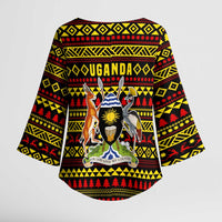 Uganda Christmas Kimono Sleeve Blouse with Flamingo Lights Uganda Flag and Black Red Yellow Tribal Pattern Design - Wonder Print Shop