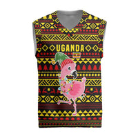 Uganda Christmas Knitted V-Neck Vest with Flamingo Lights Uganda Flag and Black Red Yellow Tribal Pattern Design - Wonder Print Shop