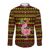 Uganda Christmas Long Sleeve Button Shirt with Flamingo Lights Uganda Flag and Black Red Yellow Tribal Pattern Design - Wonder Print Shop
