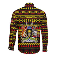 Uganda Christmas Long Sleeve Button Shirt with Flamingo Lights Uganda Flag and Black Red Yellow Tribal Pattern Design - Wonder Print Shop