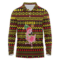 Uganda Christmas Long Sleeve Polo Shirt with Flamingo Lights Uganda Flag and Black Red Yellow Tribal Pattern Design - Wonder Print Shop