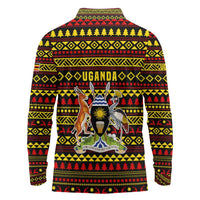 Uganda Christmas Long Sleeve Polo Shirt with Flamingo Lights Uganda Flag and Black Red Yellow Tribal Pattern Design - Wonder Print Shop