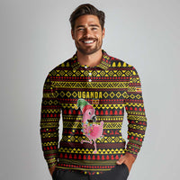 Uganda Christmas Long Sleeve Polo Shirt with Flamingo Lights Uganda Flag and Black Red Yellow Tribal Pattern Design - Wonder Print Shop