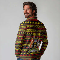 Uganda Christmas Long Sleeve Polo Shirt with Flamingo Lights Uganda Flag and Black Red Yellow Tribal Pattern Design - Wonder Print Shop