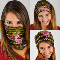 Uganda Christmas Neck Gaiter with Flamingo Lights Uganda Flag and Black Red Yellow Tribal Pattern Design - Wonder Print Shop