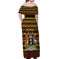 Uganda Christmas Off Shoulder Maxi Dress with Flamingo Lights Uganda Flag and Black Red Yellow Tribal Pattern Design - Wonder Print Shop