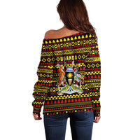 Uganda Christmas Off Shoulder Sweater with Flamingo Lights Uganda Flag and Black Red Yellow Tribal Pattern Design - Wonder Print Shop