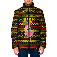 Uganda Christmas Padded Jacket with Flamingo Lights Uganda Flag and Black Red Yellow Tribal Pattern Design - Wonder Print Shop
