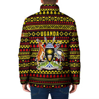 Uganda Christmas Padded Jacket with Flamingo Lights Uganda Flag and Black Red Yellow Tribal Pattern Design - Wonder Print Shop