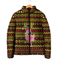 Uganda Christmas Padded Jacket with Flamingo Lights Uganda Flag and Black Red Yellow Tribal Pattern Design - Wonder Print Shop