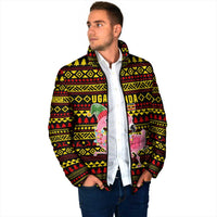 Uganda Christmas Padded Jacket with Flamingo Lights Uganda Flag and Black Red Yellow Tribal Pattern Design - Wonder Print Shop