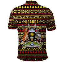 Uganda Christmas Polo Shirt with Flamingo Lights Uganda Flag and Black Red Yellow Tribal Pattern Design - Wonder Print Shop
