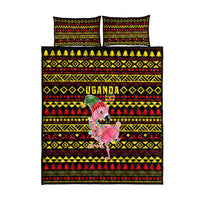 Uganda Christmas Quilt Bed Set with Flamingo Lights Uganda Flag and Black Red Yellow Tribal Pattern Design - Wonder Print Shop