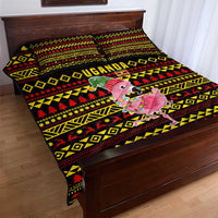 Uganda Christmas Quilt Bed Set with Flamingo Lights Uganda Flag and Black Red Yellow Tribal Pattern Design - Wonder Print Shop
