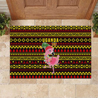 Uganda Christmas Rubber Doormat with Flamingo Lights Uganda Flag and Black Red Yellow Tribal Pattern Design - Wonder Print Shop