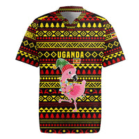 Uganda Christmas Rugby Jersey with Flamingo Lights Uganda Flag and Black Red Yellow Tribal Pattern Design - Wonder Print Shop