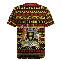 Uganda Christmas Rugby Jersey with Flamingo Lights Uganda Flag and Black Red Yellow Tribal Pattern Design - Wonder Print Shop