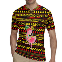 Uganda Christmas Rugby Jersey with Flamingo Lights Uganda Flag and Black Red Yellow Tribal Pattern Design - Wonder Print Shop
