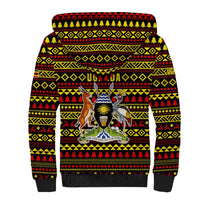 Uganda Christmas Sherpa Hoodie with Flamingo Lights Uganda Flag and Black Red Yellow Tribal Pattern Design - Wonder Print Shop