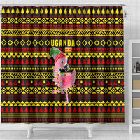 Uganda Christmas Shower Curtain with Flamingo Lights Uganda Flag and Black Red Yellow Tribal Pattern Design - Wonder Print Shop