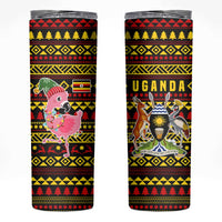 Uganda Christmas Skinny Tumbler with Flamingo Lights Uganda Flag and Black Red Yellow Tribal Pattern Design - Wonder Print Shop