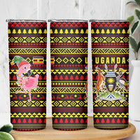 Uganda Christmas Skinny Tumbler with Flamingo Lights Uganda Flag and Black Red Yellow Tribal Pattern Design - Wonder Print Shop