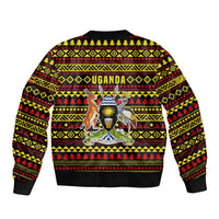 Uganda Christmas Sleeve Zip Bomber Jacket with Flamingo Lights Uganda Flag and Black Red Yellow Tribal Pattern Design - Wonder Print Shop