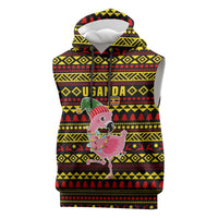 Uganda Christmas Sleeveless Hoodie with Flamingo Lights Uganda Flag and Black Red Yellow Tribal Pattern Design - Wonder Print Shop