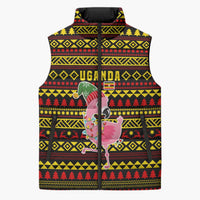 Uganda Christmas Sleeveless Puffer Jacket with Flamingo Lights Uganda Flag and Black Red Yellow Tribal Pattern Design - Wonder Print Shop