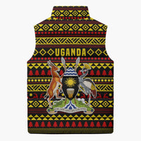 Uganda Christmas Sleeveless Puffer Jacket with Flamingo Lights Uganda Flag and Black Red Yellow Tribal Pattern Design - Wonder Print Shop