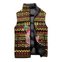 Uganda Christmas Sleeveless Puffer Jacket with Flamingo Lights Uganda Flag and Black Red Yellow Tribal Pattern Design - Wonder Print Shop